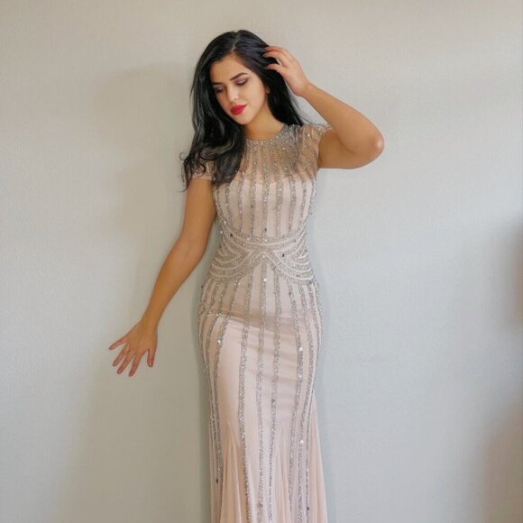 Cream Crystal Rhinestone Maxi Evening Dress - Picture 5 of 7